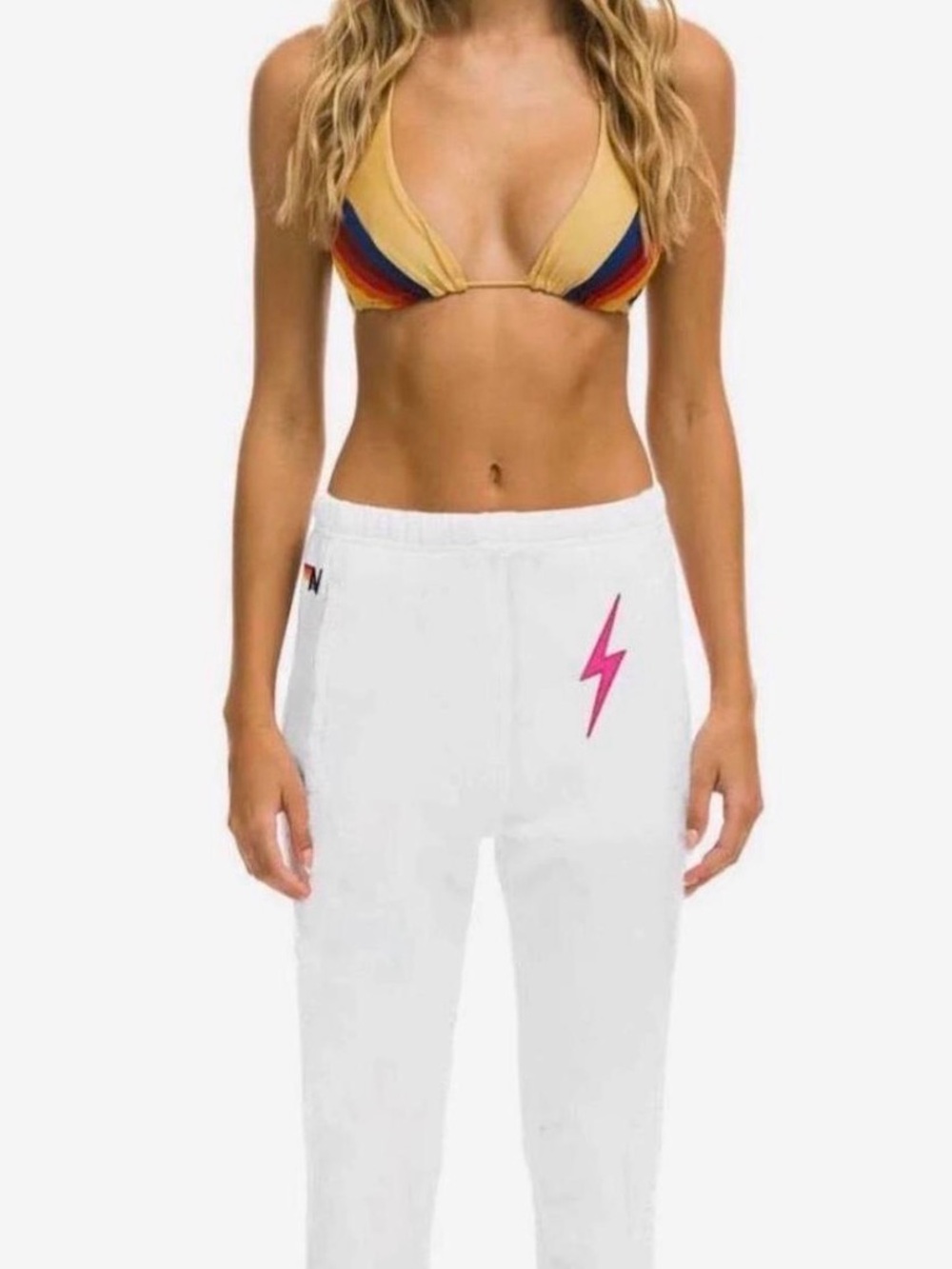 Aviation Nation White Women's Jogger Pants w Neon Pink Lightning Bolt Size Small